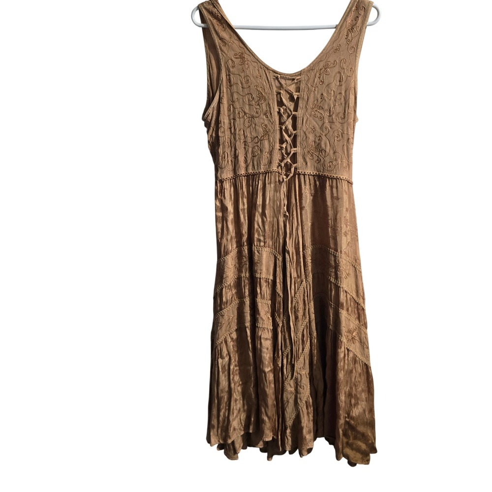 FLAWS Scully Dress Women Medium Tan Gold Embroidered Lace Up Smocked Tiered Midi